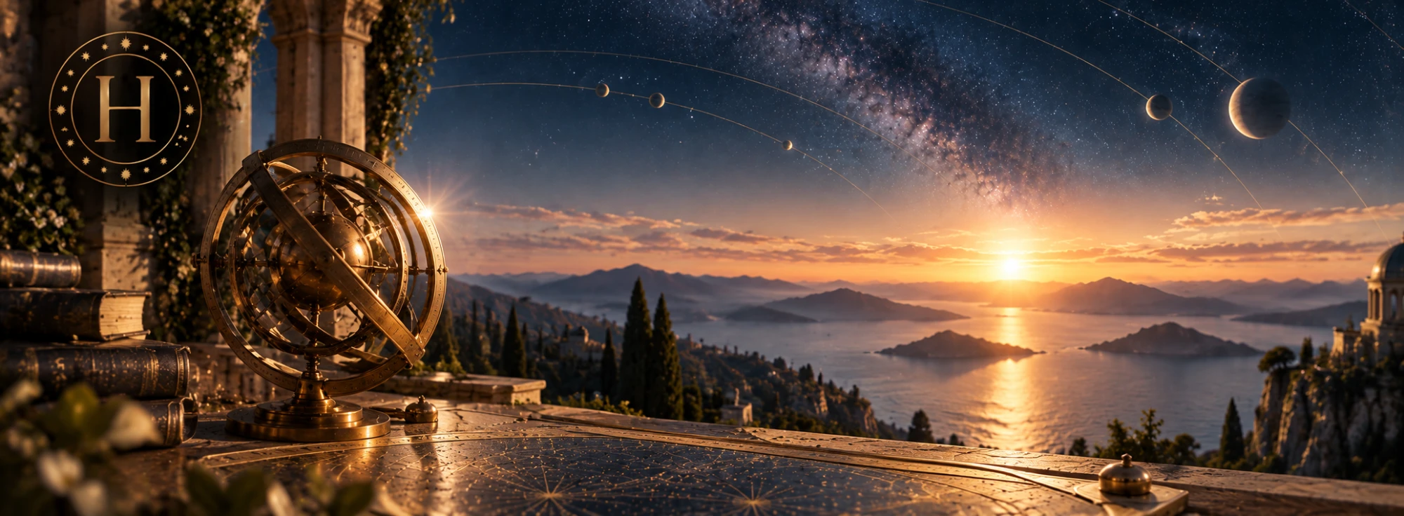 Un astrolabe sur un balcon face à la mer, sous un ciel étoilé où la lune et les planètes tracent leur trajectoire au crépuscule.