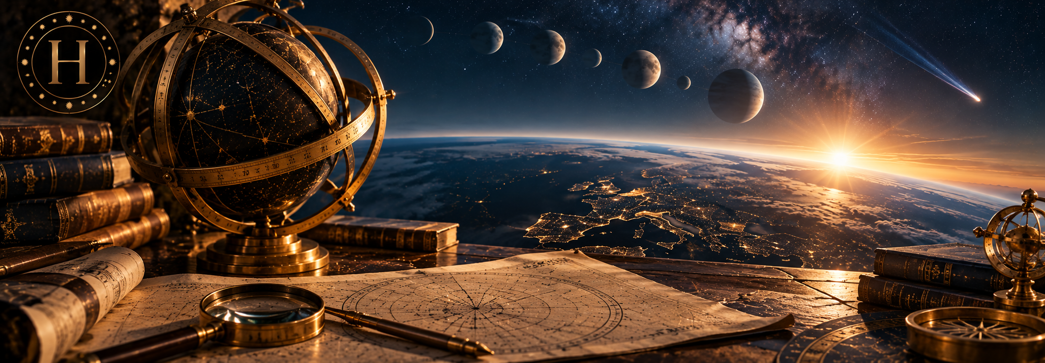 Un bureau d'astronome à l'ancienne (globe céleste, cartes, sextant) face à la Terre vue de l'espace, avec la lune et les planètes alignées dans le ciel.