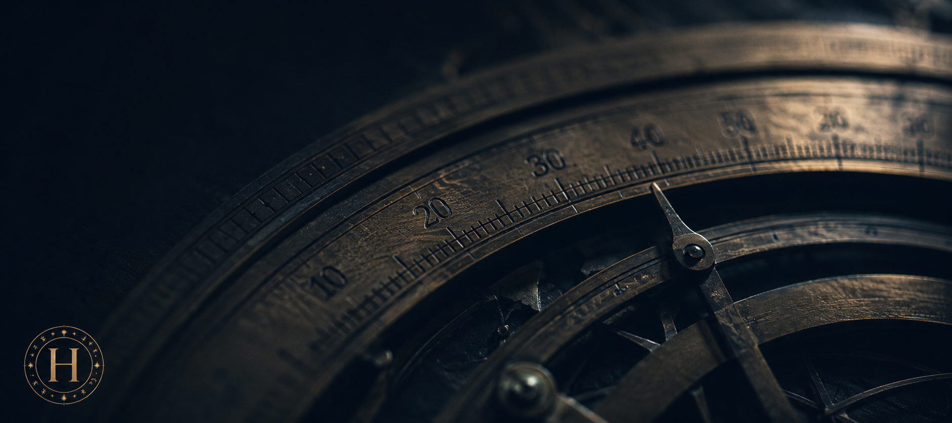 Gros plan sur les graduations dorées d'un astrolabe.