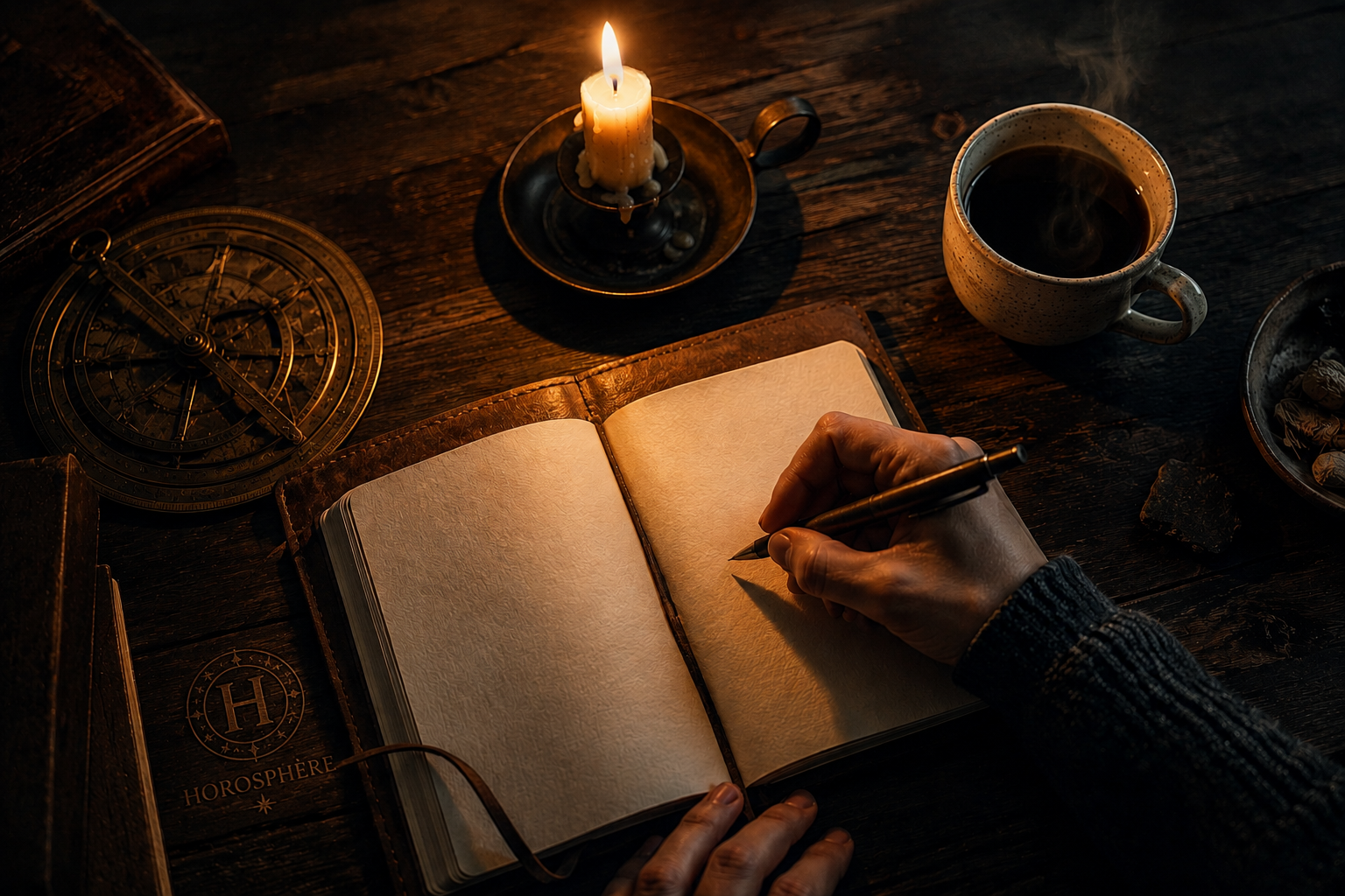 Un moment d'écriture au calme, à la lumière d'une bougie — le rituel quotidien d'Horosphère.